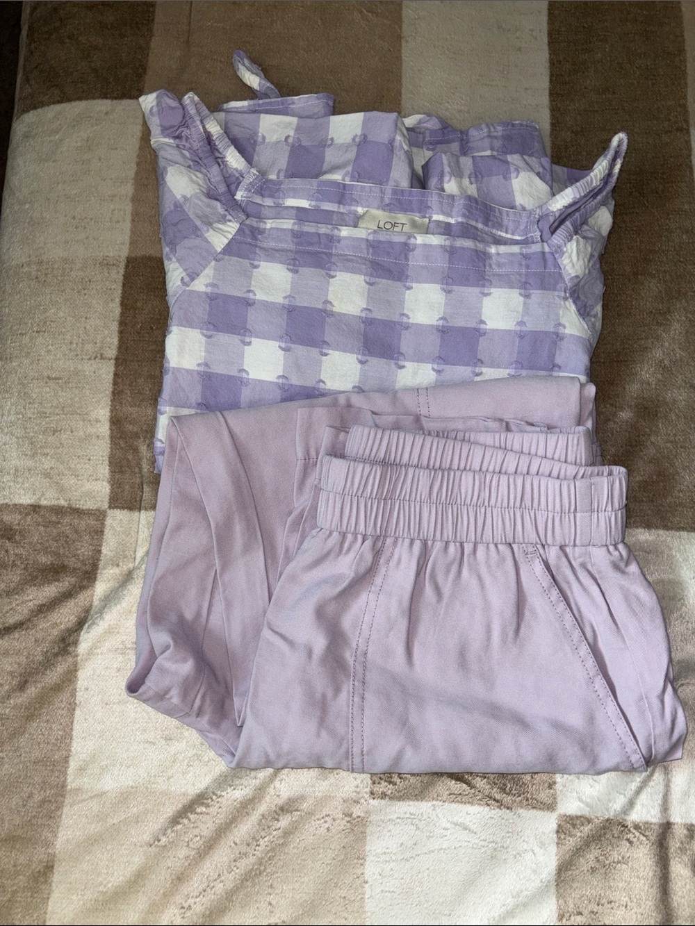 LOFT Lavender Gingham Short Sleeve Top and A New Day Cargo Pants, M